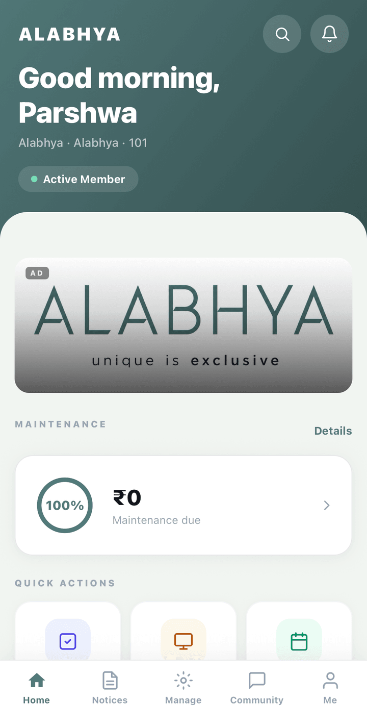 REOSLABS resident app home screen with maintenance dues and quick actions